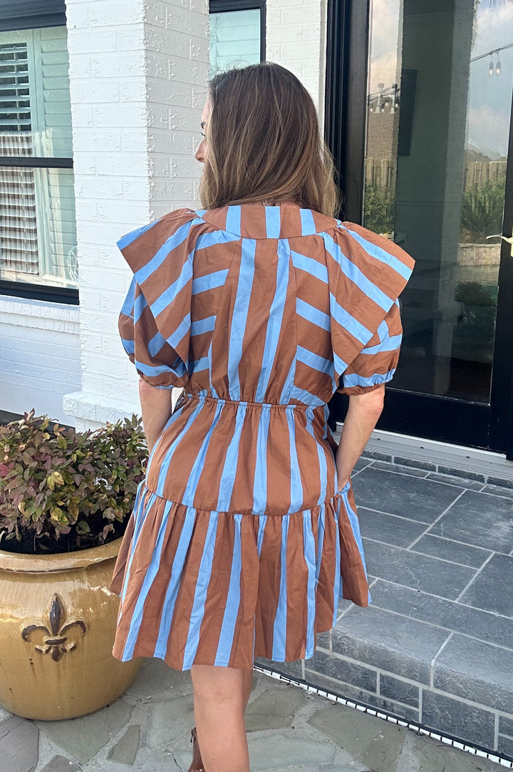 Rockelle Blue and Brown V-neck Mini Dress-Mini Dresses-Entro-Shop with Bloom West Boutique, Women's Fashion Boutique, Located in Houma, Louisiana