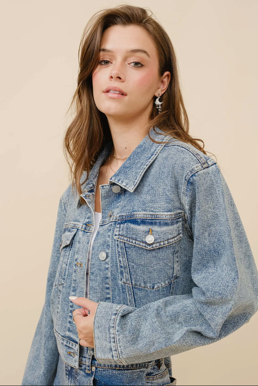 Trista Clear Crystal Crop Stretch Denim Jacket-Jackets-Faire-Shop with Bloom West Boutique, Women's Fashion Boutique, Located in Houma, Louisiana