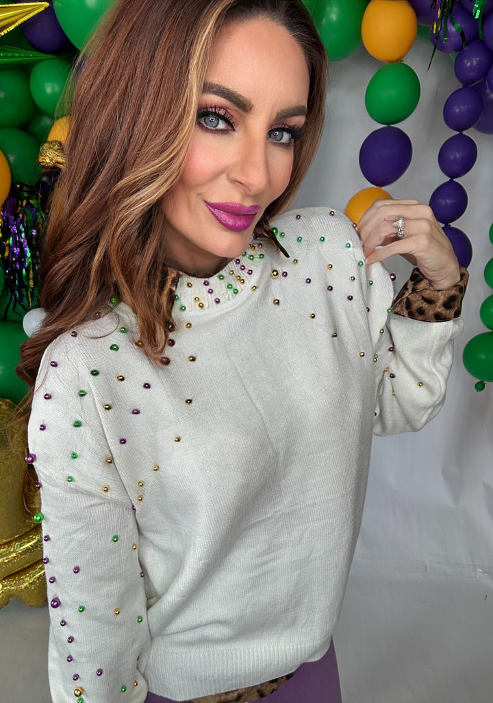 Mardi Gras Pearl Sweater-Tops-SongLily-Shop with Bloom West Boutique, Women's Fashion Boutique, Located in Houma, Louisiana