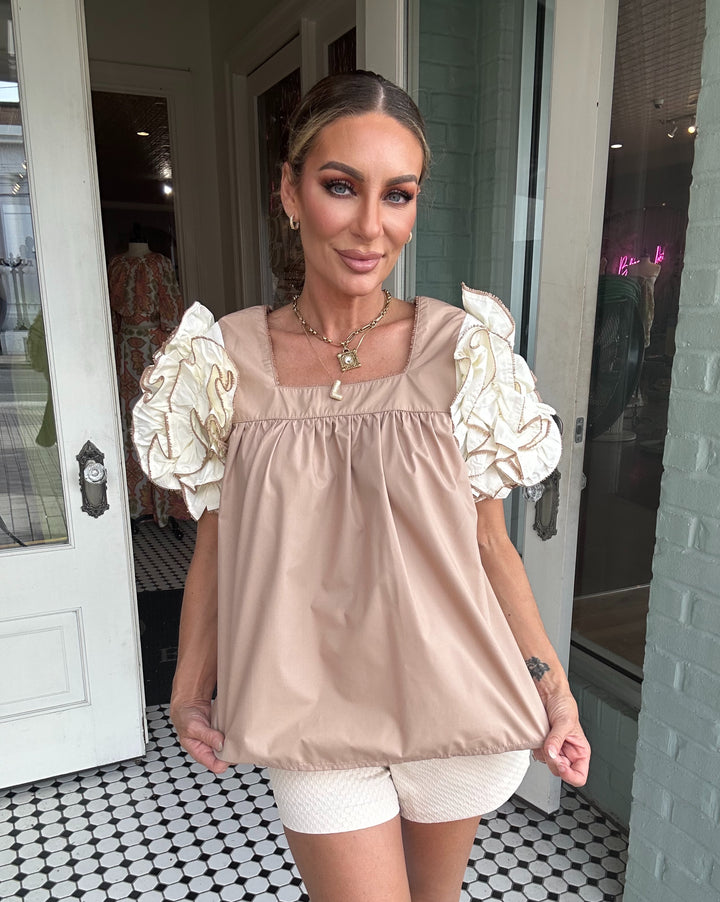 Embur Bouse With White Ruffled Sleeves-Short Sleeves-Entro-Shop with Bloom West Boutique, Women's Fashion Boutique, Located in Houma, Louisiana