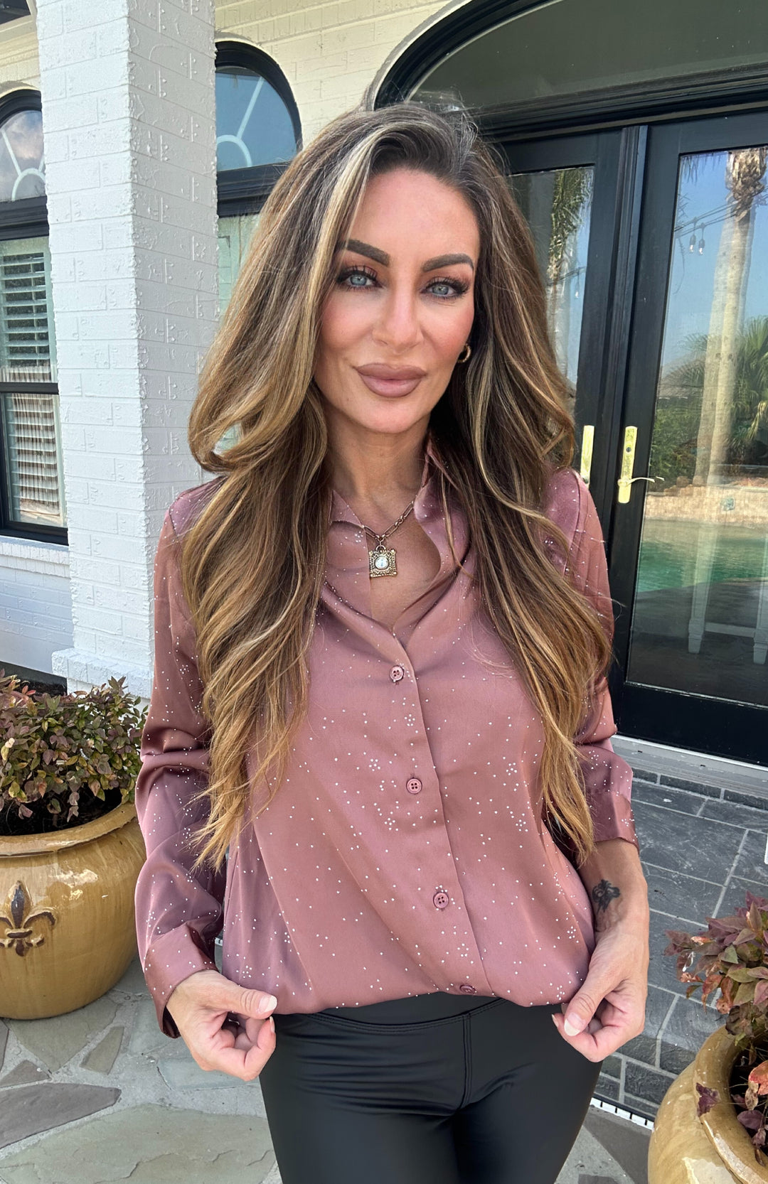 Jersi Hot Fix Button Down Blouse-Long Sleeves-skies are blue-Shop with Bloom West Boutique, Women's Fashion Boutique, Located in Houma, Louisiana