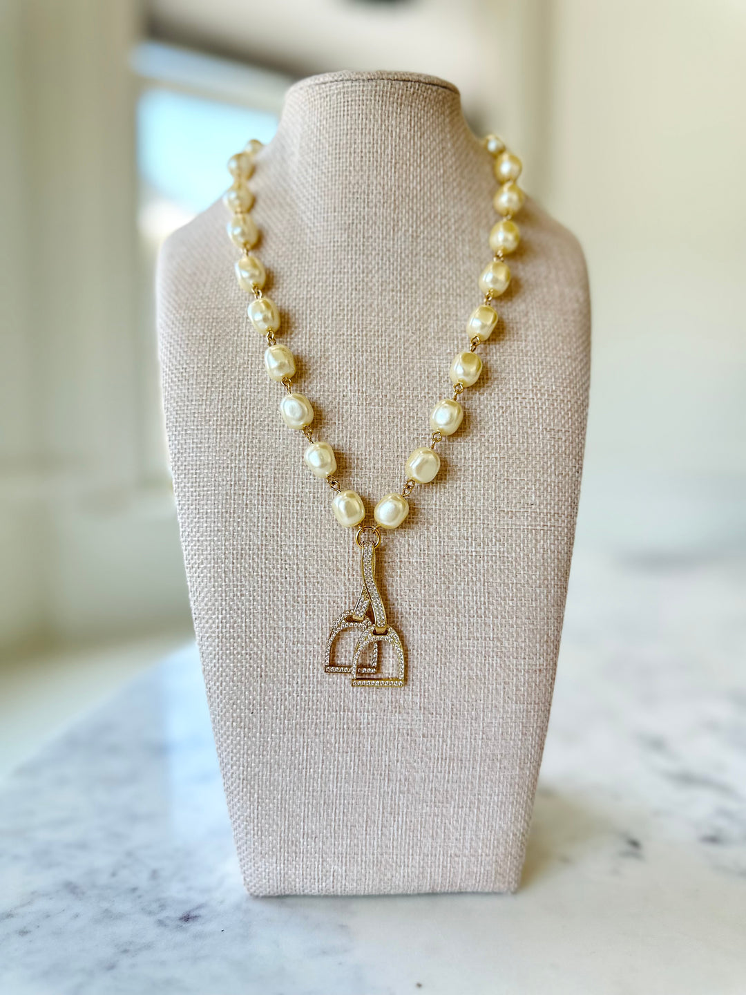 Pearl Necklace With Rhinestone Horse Stirrups-Necklaces-Erin Knight Designs-Shop with Bloom West Boutique, Women's Fashion Boutique, Located in Houma, Louisiana