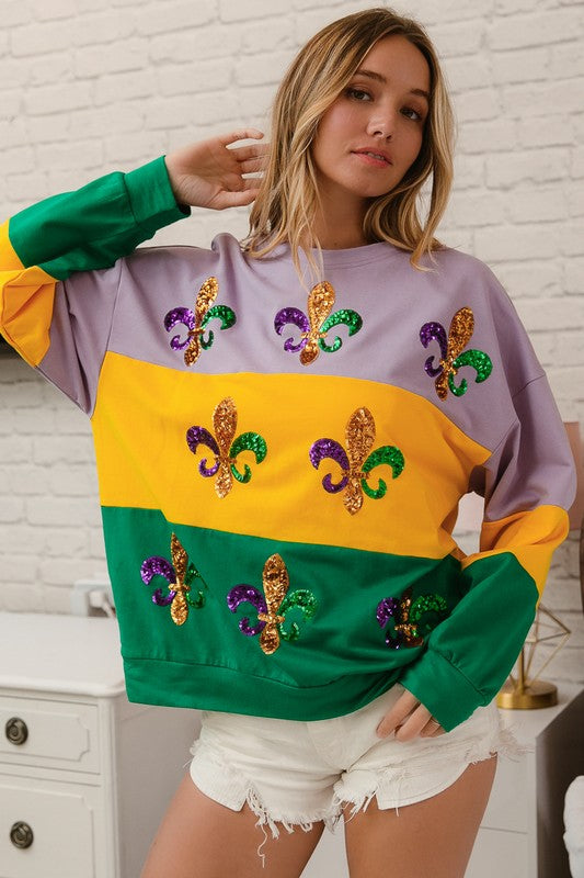 Zulu Sequin Fleur De Lis Mardi Gras Sweatshirt-Sweaters-Bibi-Shop with Bloom West Boutique, Women's Fashion Boutique, Located in Houma, Louisiana