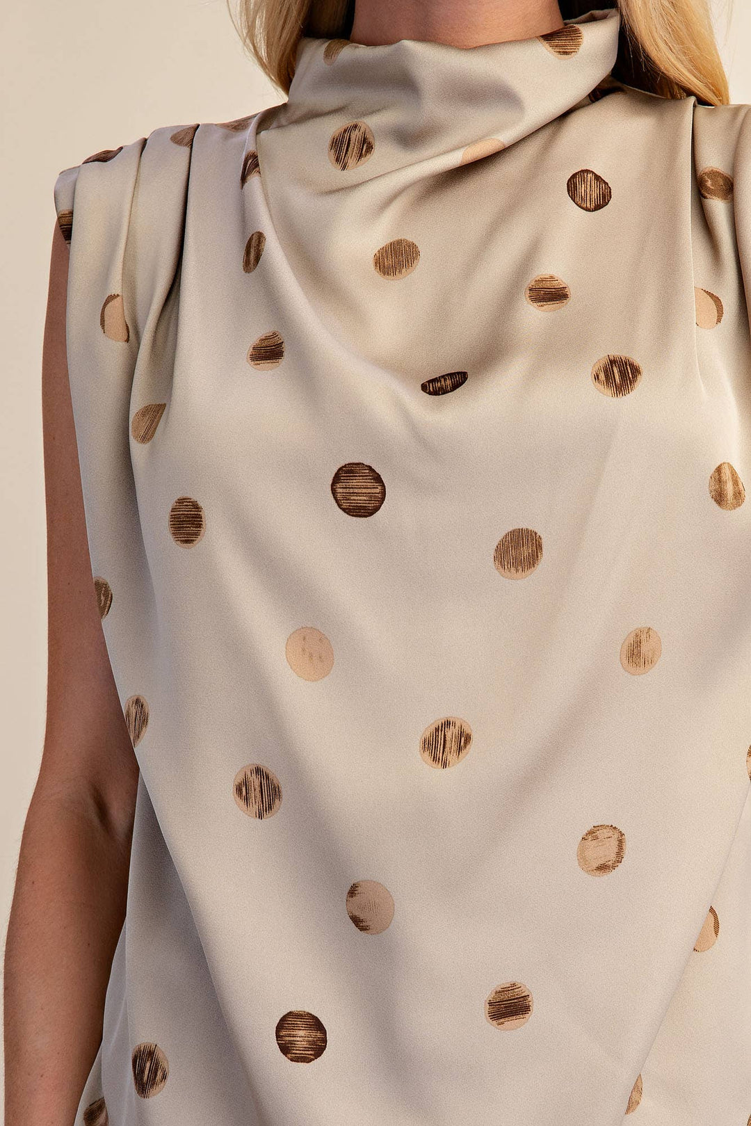 Cowl Mock Neck Pleats Shoulder Sleeveless Top Polka Dot-Glam-Shop with Bloom West Boutique, Women&