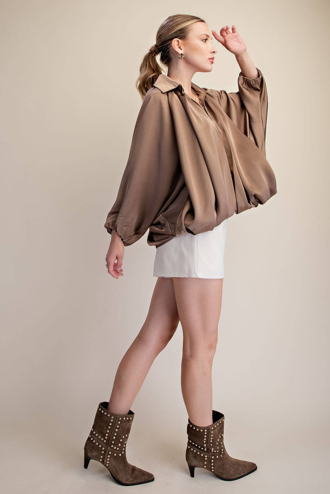 Balloon Pleated Detail Bomber Jacket-Glam-Shop with Bloom West Boutique, Women&