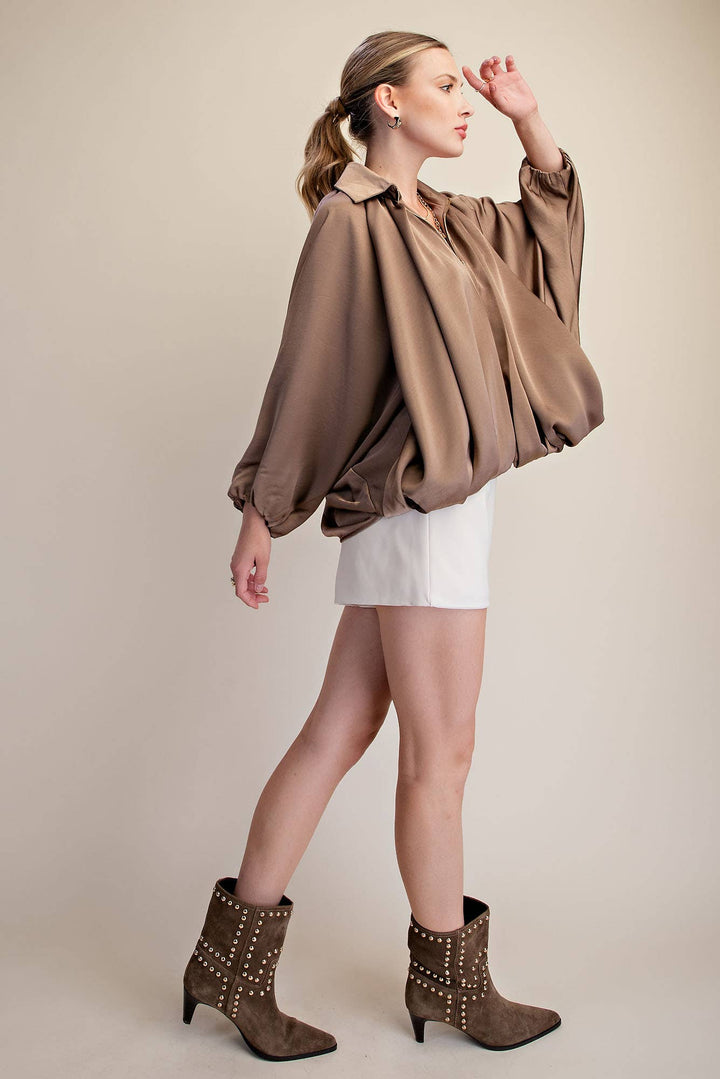 Balloon Pleated Detail Bomber Jacket-Glam-Shop with Bloom West Boutique, Women&