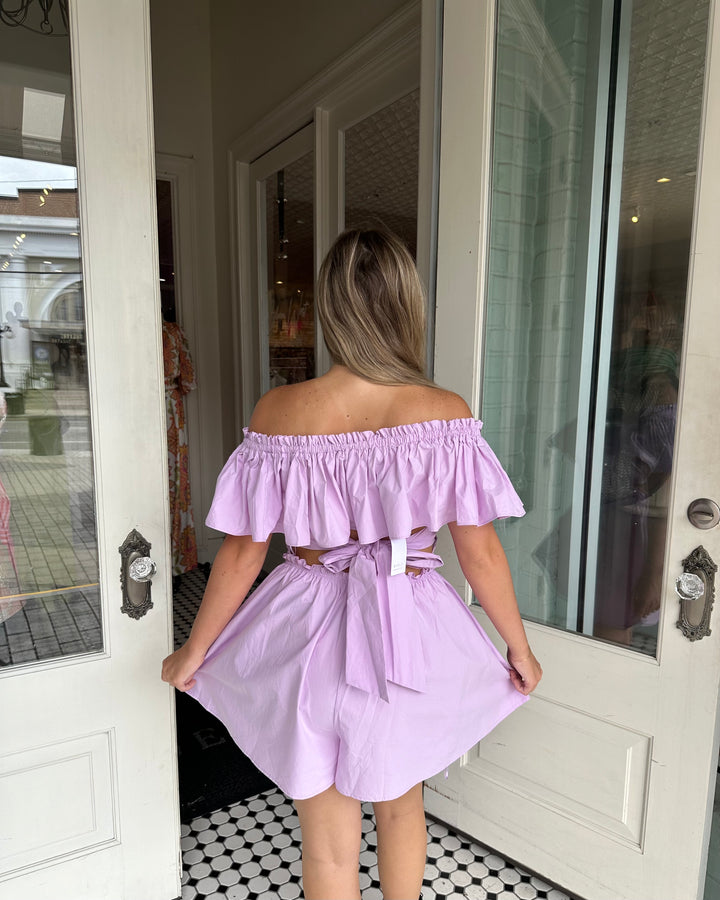 Esme Ruffled Off the Shoulder Romper-Rompers-mable-Shop with Bloom West Boutique, Women's Fashion Boutique, Located in Houma, Louisiana