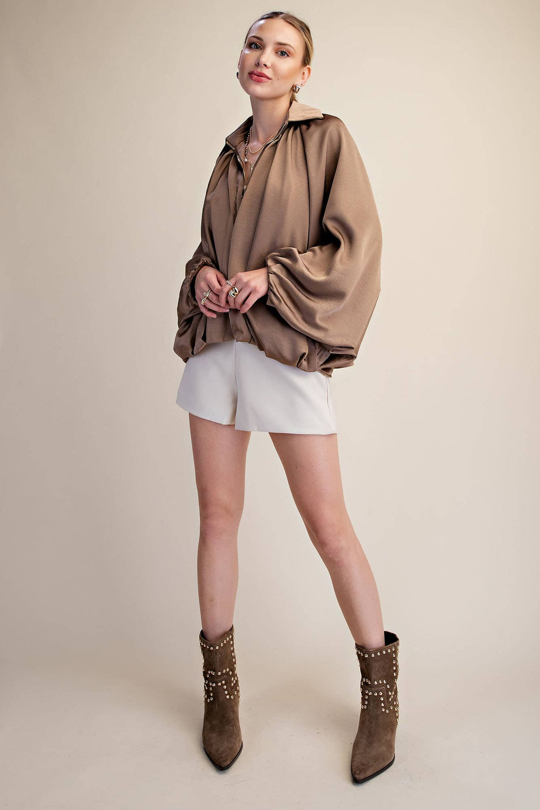 Balloon Pleated Detail Bomber Jacket-Glam-Shop with Bloom West Boutique, Women&