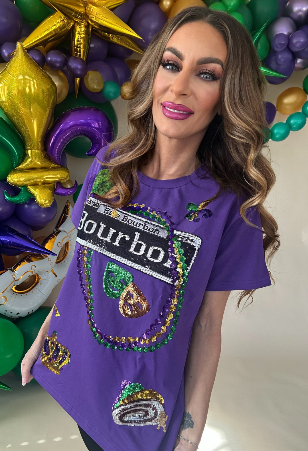 Bourbon Mardi Gras Purple Sequin Design Top-Graphic Tees-Bomb Designs-Shop with Bloom West Boutique, Women's Fashion Boutique, Located in Houma, Louisiana