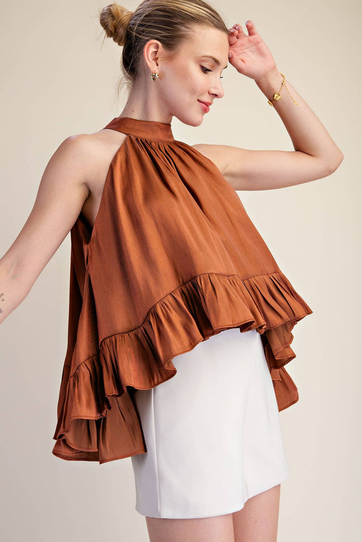 Ruffle Halter Top With Back Neck Tie-Glam-Shop with Bloom West Boutique, Women&
