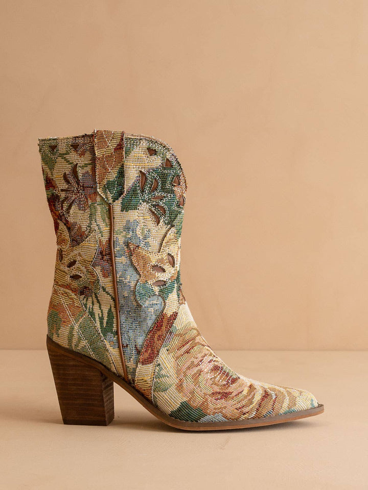 The Sorrel | Floral Tapestry Western Bootie PREORDER-OASIS SOCIETY-Shop with Bloom West Boutique, Women's Fashion Boutique, Located in Houma, Louisiana