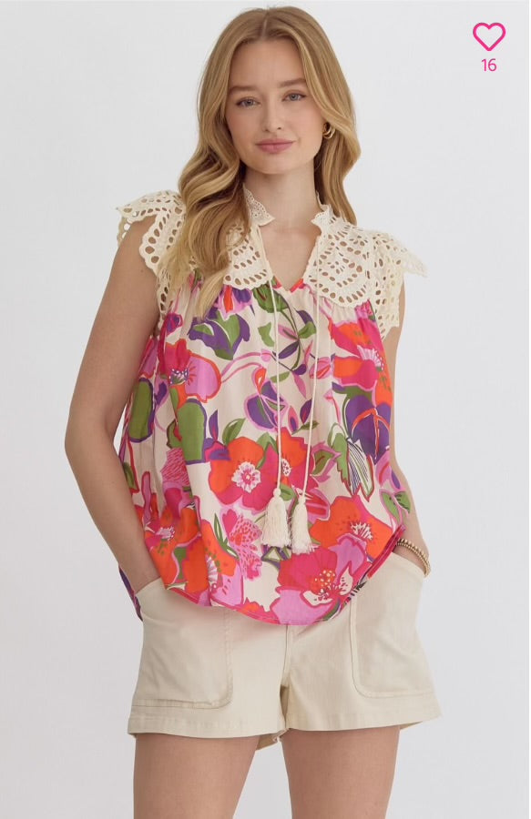 Iris Sleeveless Lace and Flower Top-Tops-Entro-Shop with Bloom West Boutique, Women's Fashion Boutique, Located in Houma, Louisiana