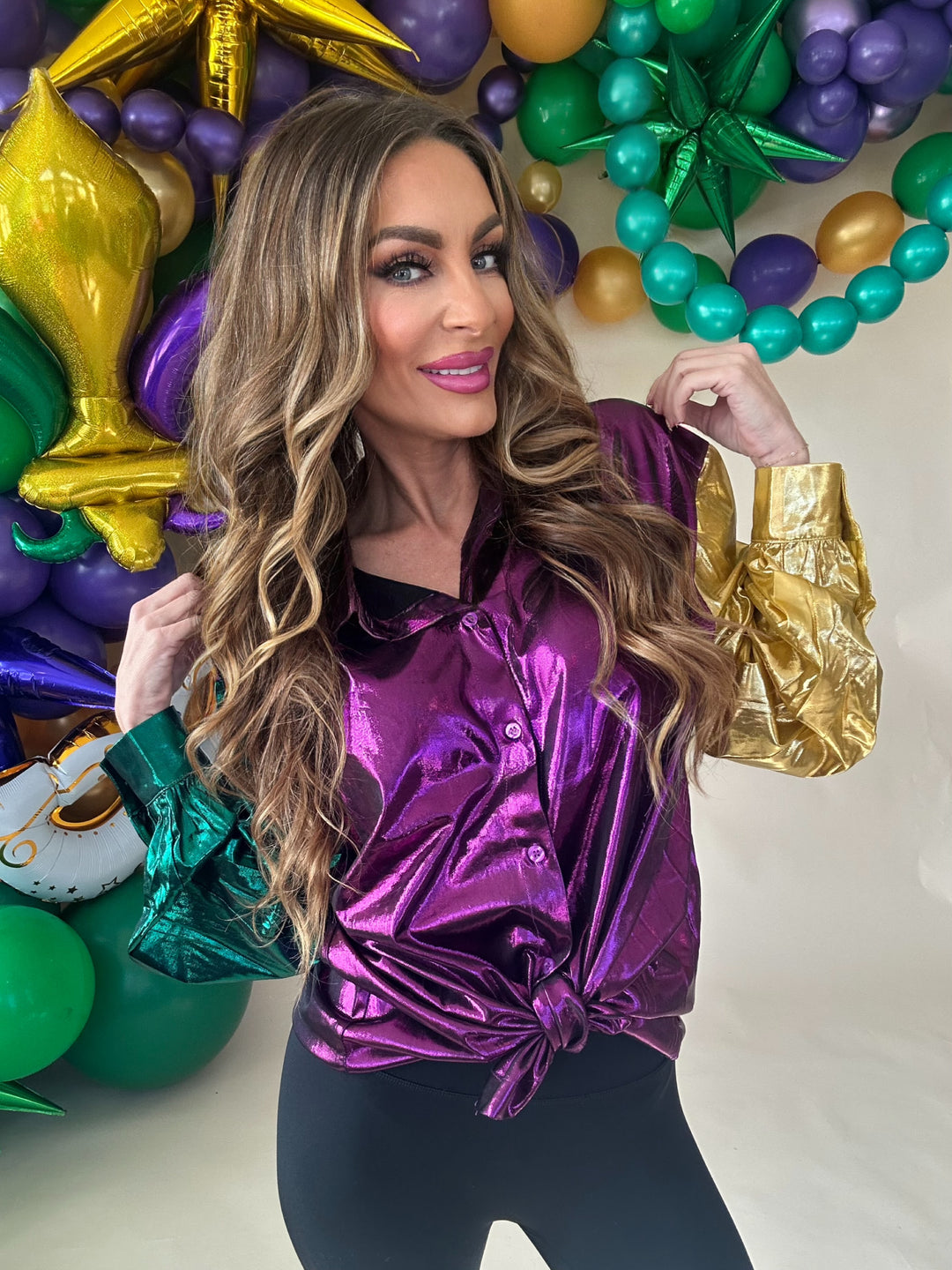 Mardi Gras Metallic Silky Button Down Top-Long Sleeves-Bibi-Shop with Bloom West Boutique, Women's Fashion Boutique, Located in Houma, Louisiana