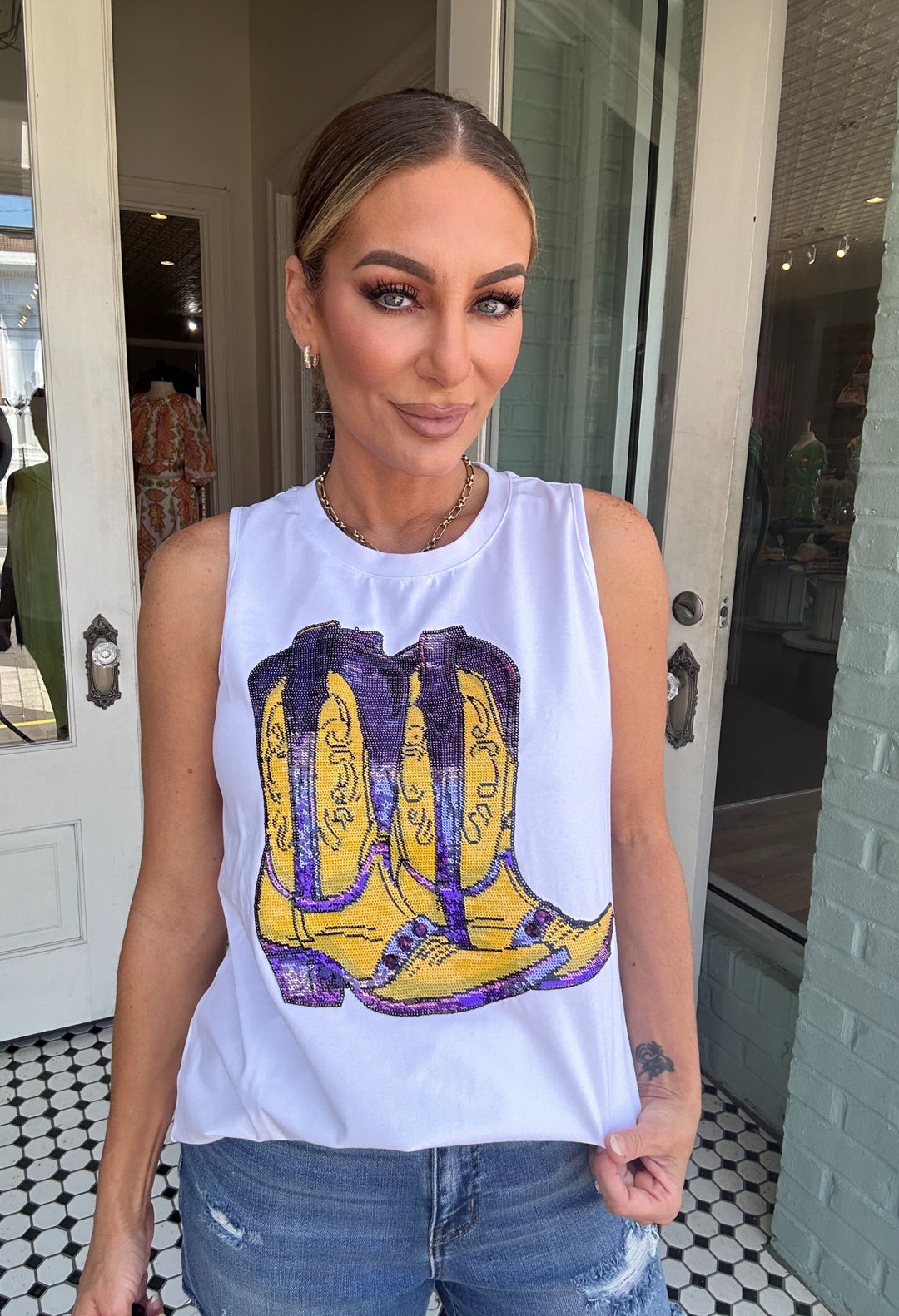 Bayou Boots Sequin Tank-Graphic Tees-Bomb Designs-Shop with Bloom West Boutique, Women's Fashion Boutique, Located in Houma, Louisiana