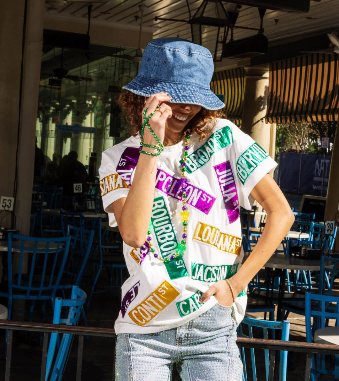 Queen of Sparkles White Nola Street Sign Tee-QOS Tops-Bloom West Boutique-Shop with Bloom West Boutique, Women's Fashion Boutique, Located in Houma, Louisiana