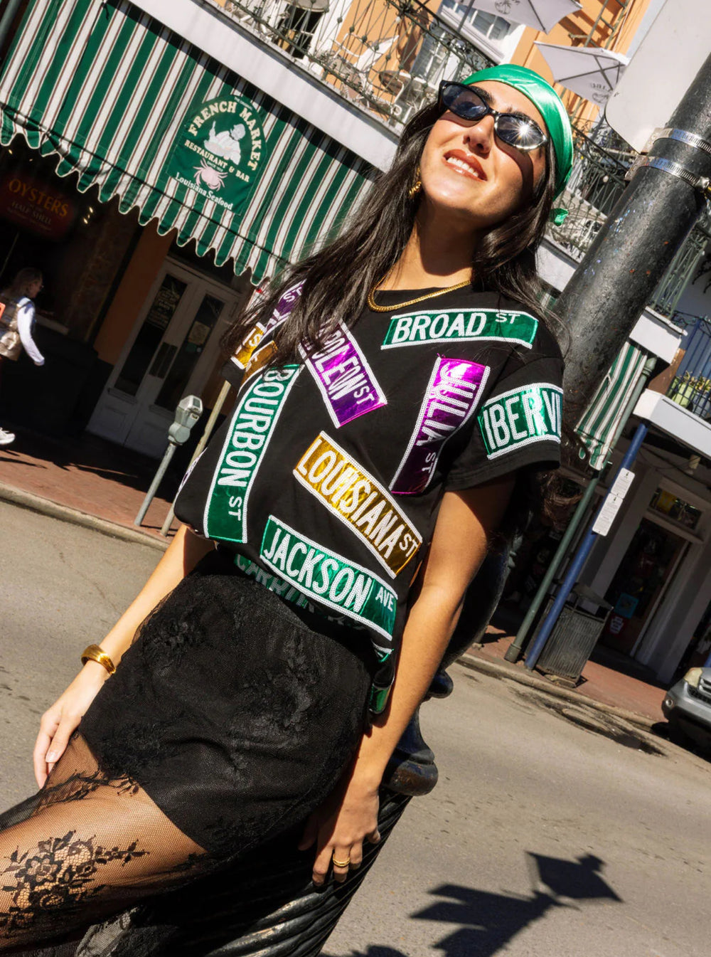 Queen Of Sparkles Black Nola Street Sign Tee-QOS Tops-Queen Of Sparkles-Shop with Bloom West Boutique, Women's Fashion Boutique, Located in Houma, Louisiana