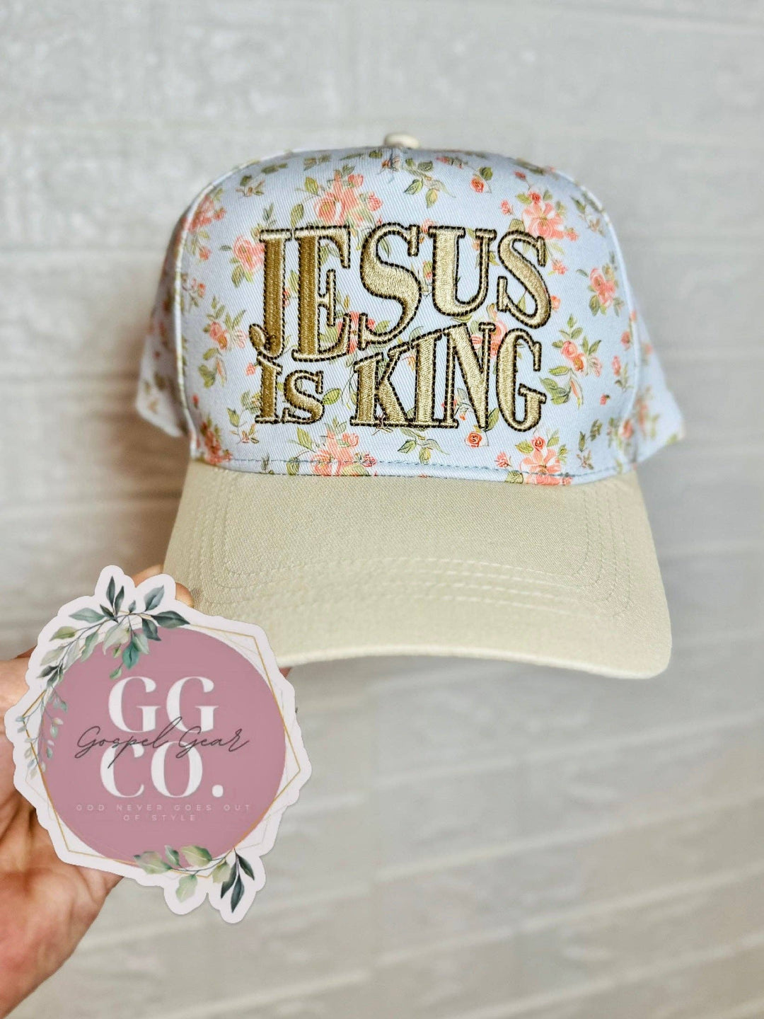 Jesus Is King Floral Embroidered Hat-Gospel Gear Co-Shop with Bloom West Boutique, Women's Fashion Boutique, Located in Houma, Louisiana