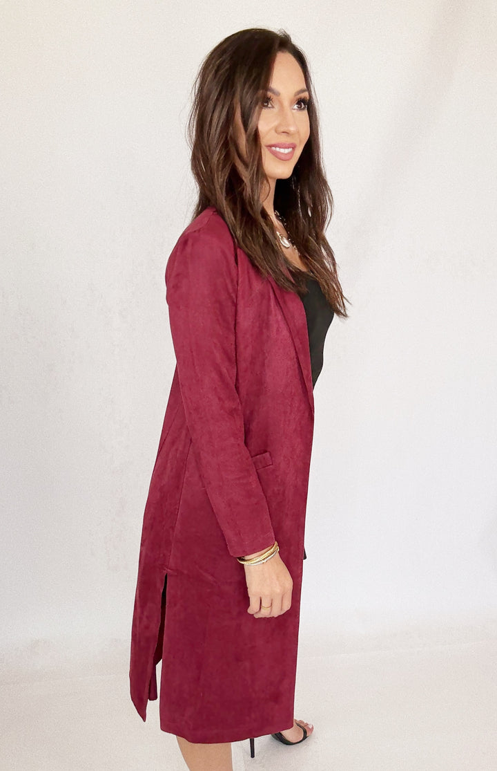 Sofía Suede Duster Burgundy-Jackets-skies are blue-Shop with Bloom West Boutique, Women's Fashion Boutique, Located in Houma, Louisiana