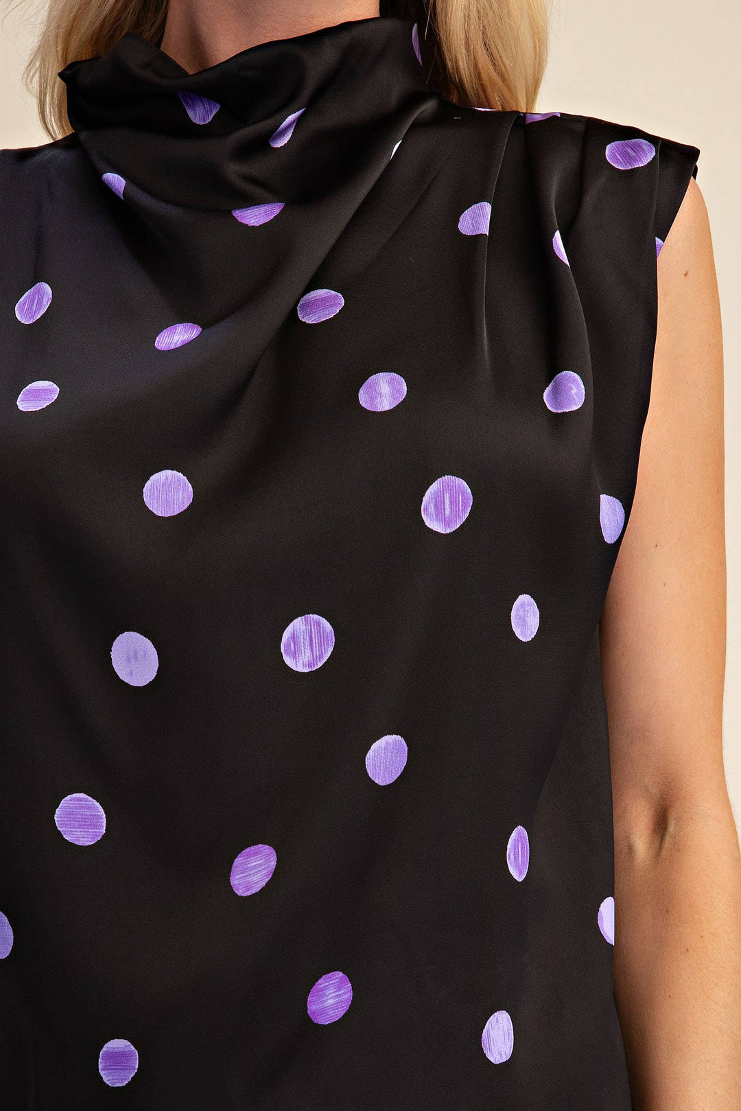 Cowl Mock Neck Pleats Shoulder Sleeveless Top Polka Dot-Glam-Shop with Bloom West Boutique, Women&