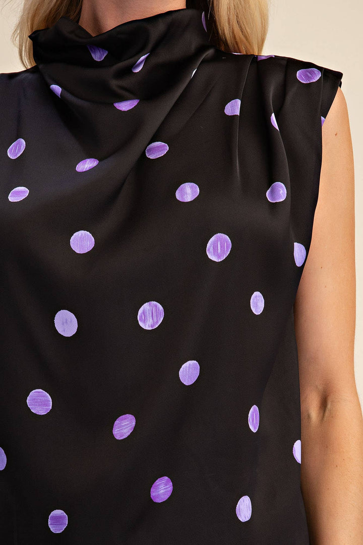 Cowl Mock Neck Pleats Shoulder Sleeveless Top Polka Dot-Glam-Shop with Bloom West Boutique, Women&