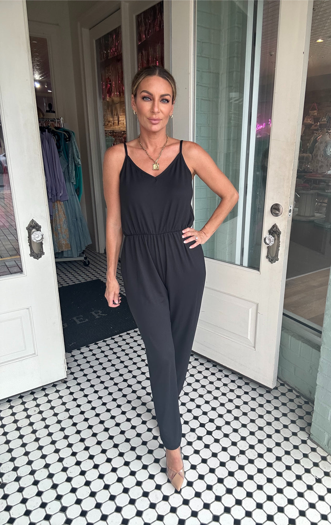 Gena Spaghetti Strap Elastic Waist Jumpsuit-Jumpsuits-Capella Apparel-Shop with Bloom West Boutique, Women's Fashion Boutique, Located in Houma, Louisiana