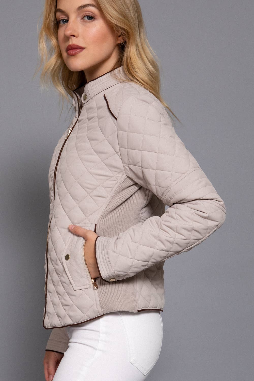 Suede Piping Detail Rib Quilted Padding Jacket : OLV-olive oil / L-Active Basic | Active USA-Shop with Bloom West Boutique, Women's Fashion Boutique, Located in Houma, Louisiana