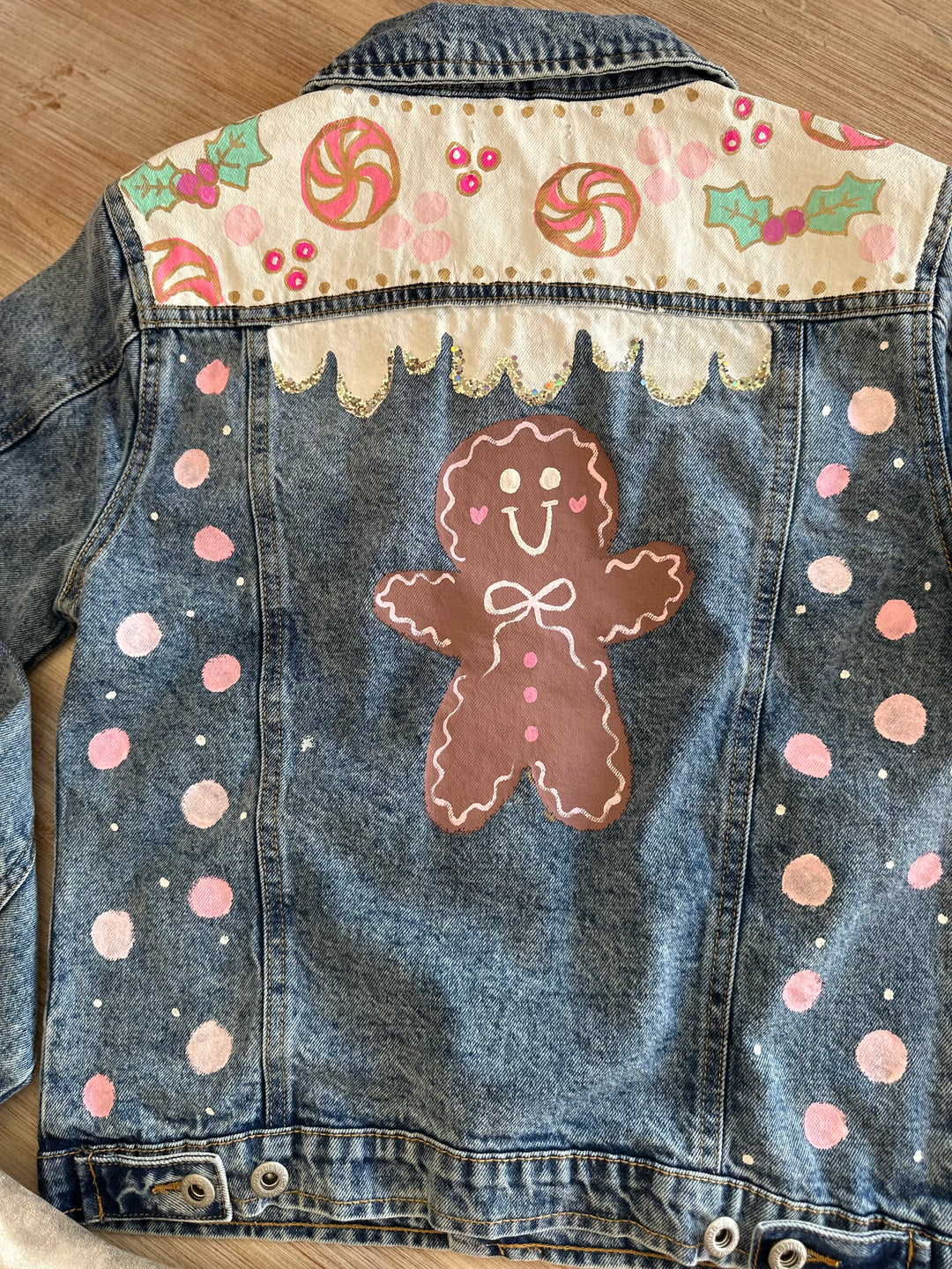 Women's Gingerbread Hand Custom Painted Denim Jacket Long Sleeve Top-Jackets-Hidden Brand-Shop with Bloom West Boutique, Women's Fashion Boutique, Located in Houma, Louisiana