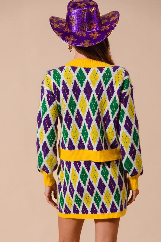 Mardi Gras Diamond Pattern Cardigan-Cardigans-So Me-Shop with Bloom West Boutique, Women's Fashion Boutique, Located in Houma, Louisiana