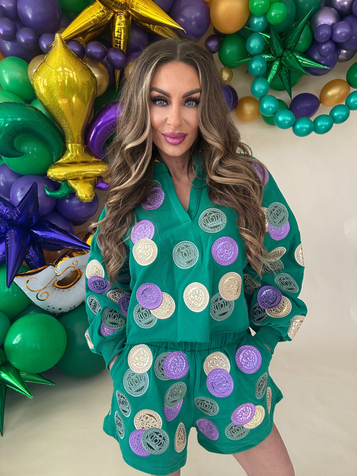 Queen of Sparkles Green Mardi Gras Dabloons Sweatshirt-QOS Tops-Queen Of Sparkles-Shop with Bloom West Boutique, Women's Fashion Boutique, Located in Houma, Louisiana