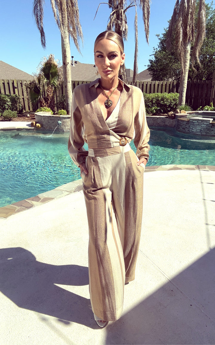 Vintage Havana Cocoa Stripe Woven Metallic Set-Two Piece Set-Vintage Havana-Shop with Bloom West Boutique, Women's Fashion Boutique, Located in Houma, Louisiana