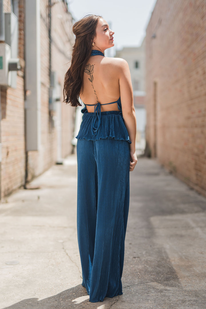 Jaxie Pleated Backless Halter Tank & Wide Leg Pants Set Blue-Tank Tops-Bloom West Boutique-Shop with Bloom West Boutique, Women's Fashion Boutique, Located in Houma, Louisiana