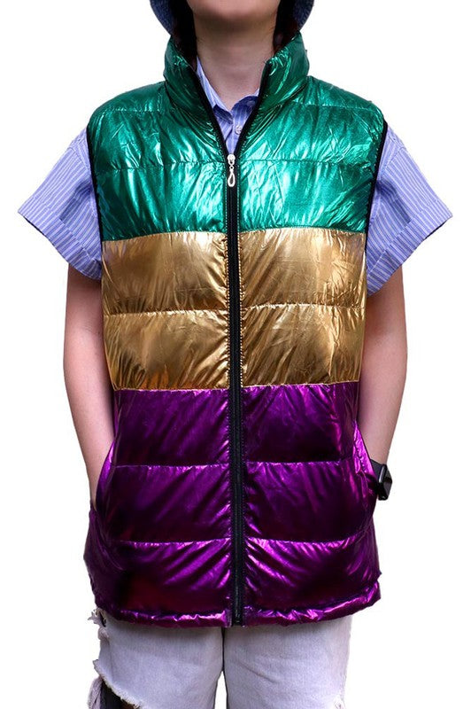 Mardi Gras Color Block Puffer Vest-Jackets-Wona Trading-Shop with Bloom West Boutique, Women's Fashion Boutique, Located in Houma, Louisiana