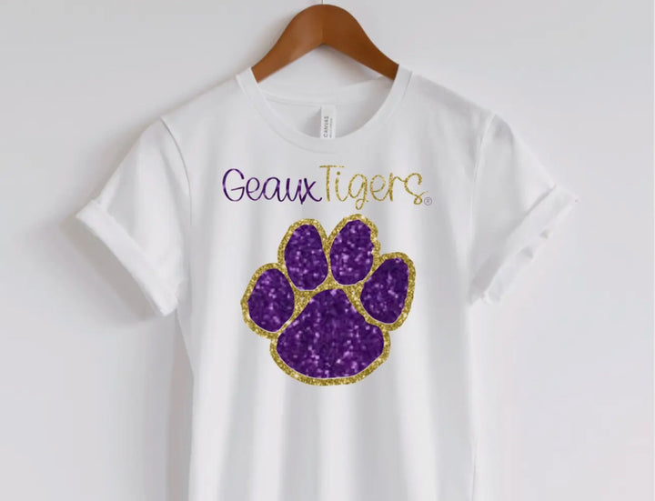 Geaux Tigers Glitter Paw Print Shirt-Graphic Tees-Geauxing Southern Boutique-Shop with Bloom West Boutique, Women's Fashion Boutique, Located in Houma, Louisiana