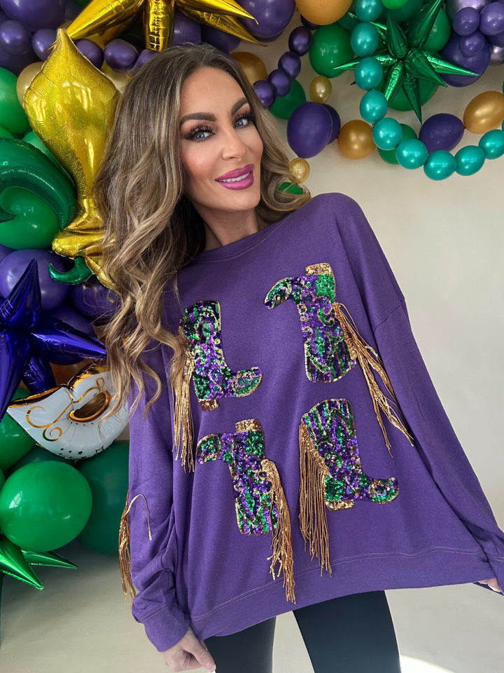 Nemesis Fringed Mardi Gras Boots Sequin Pullover-Graphic Sweaters-Bibi-Shop with Bloom West Boutique, Women's Fashion Boutique, Located in Houma, Louisiana