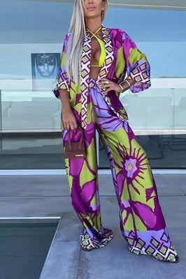 Purple Printed Cardigan & Wide Leg Pants-Outfits-Mayah Overseas-Shop with Bloom West Boutique, Women's Fashion Boutique, Located in Houma, Louisiana