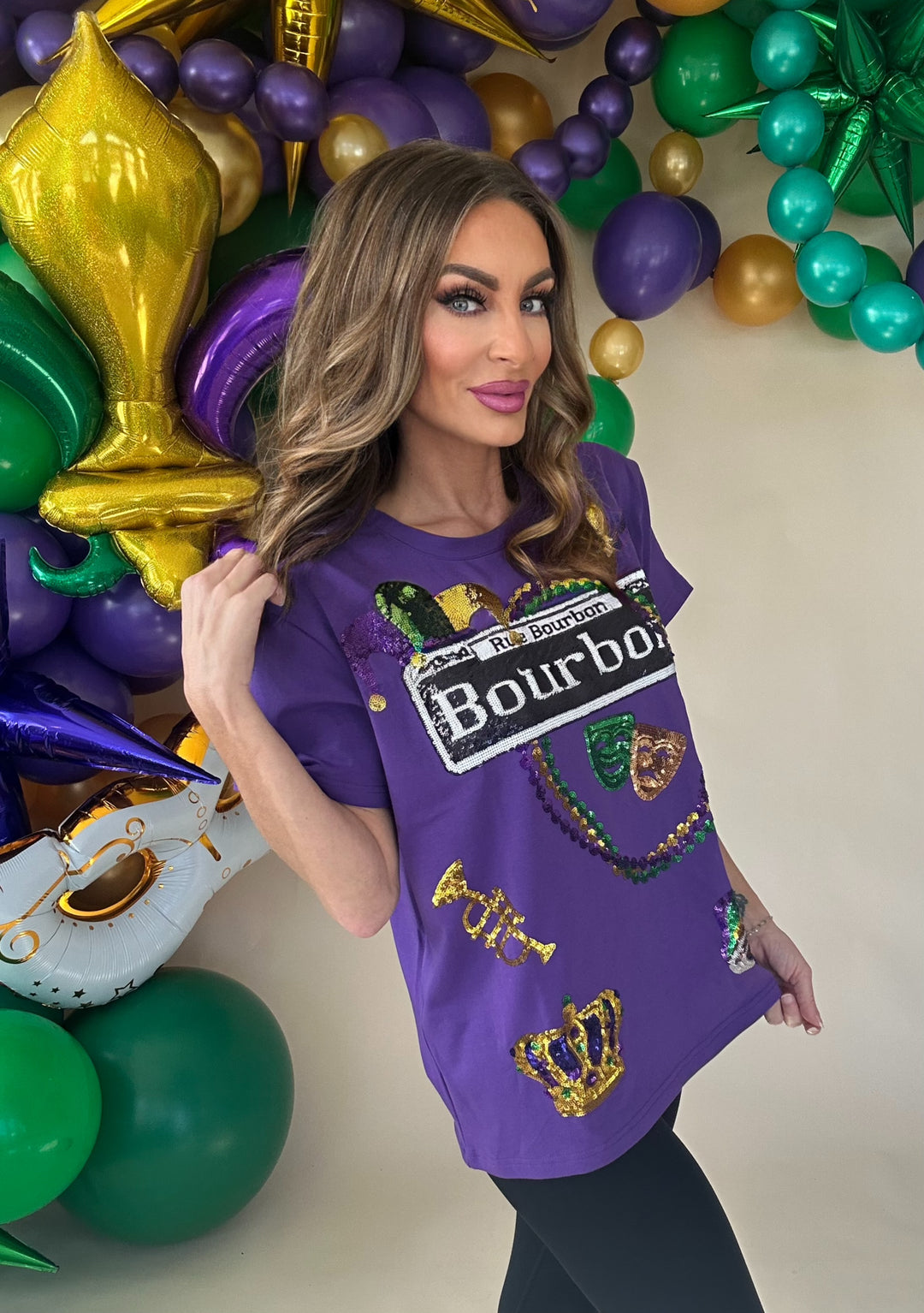 Bourbon Mardi Gras Purple Sequin Design Top-Graphic Tees-Bomb Designs-Shop with Bloom West Boutique, Women's Fashion Boutique, Located in Houma, Louisiana