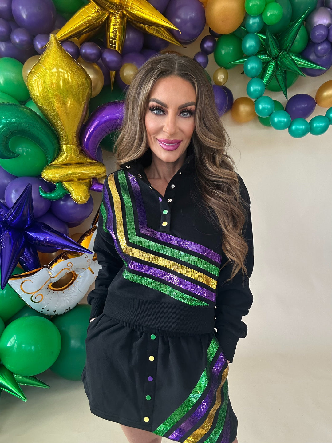 Queen Of Sparkles Black Mardi Gras Diagonal Henley Sweatshirt-QOS Tops-Queen Of Sparkles-Shop with Bloom West Boutique, Women's Fashion Boutique, Located in Houma, Louisiana