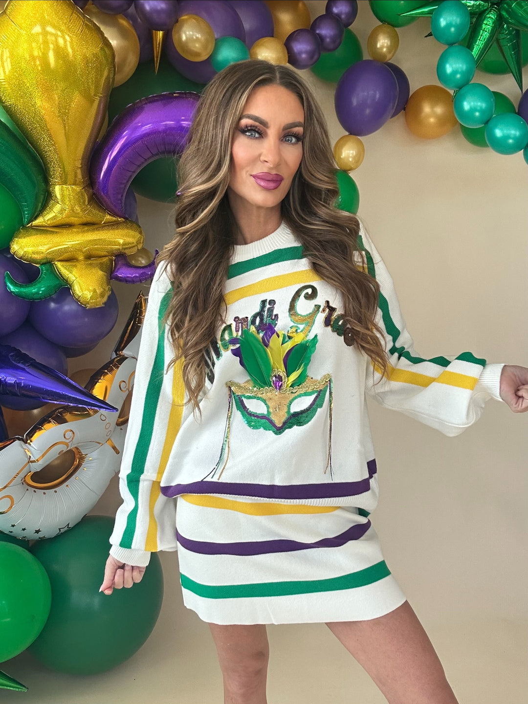 Queen Of Sparkles White Striped Mardi Gras Mask Sweater-QOS Tops-Queen Of Sparkles-Shop with Bloom West Boutique, Women's Fashion Boutique, Located in Houma, Louisiana