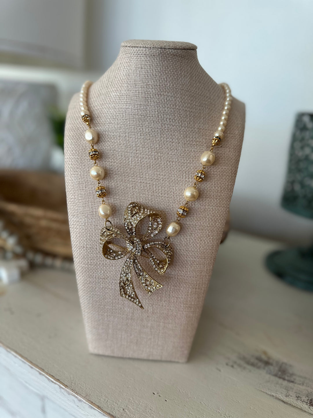 Erin Knight Design Vintage Rhinestone Bow Pearl Necklace-Necklaces-Erin Knight Designs-Shop with Bloom West Boutique, Women's Fashion Boutique, Located in Houma, Louisiana