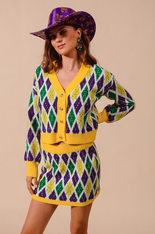 Mardi Gras Diamond Pattern Cardigan-Cardigans-So Me-Shop with Bloom West Boutique, Women's Fashion Boutique, Located in Houma, Louisiana