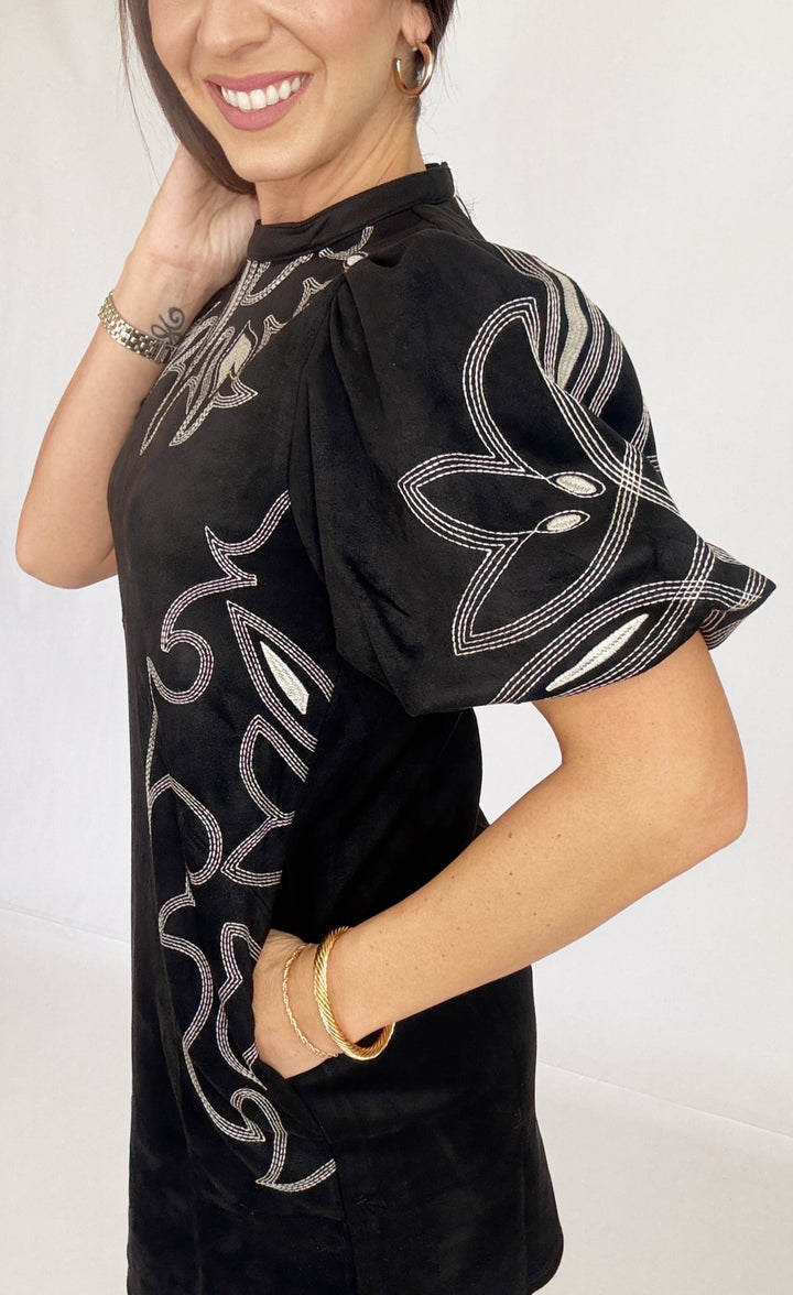 THML Puff Sleeve Embroidery Detail Suede Dress-Dresses-THML-Shop with Bloom West Boutique, Women's Fashion Boutique, Located in Houma, Louisiana