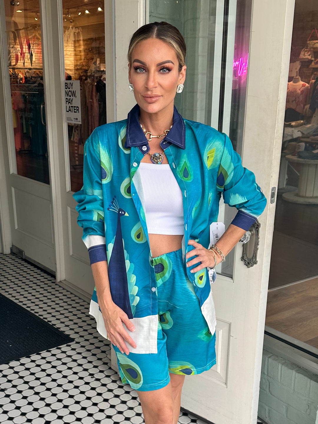 Eclectic Peacock Shirt And Short Set-Outfits-Mayah Overseas-Shop with Bloom West Boutique, Women's Fashion Boutique, Located in Houma, Louisiana