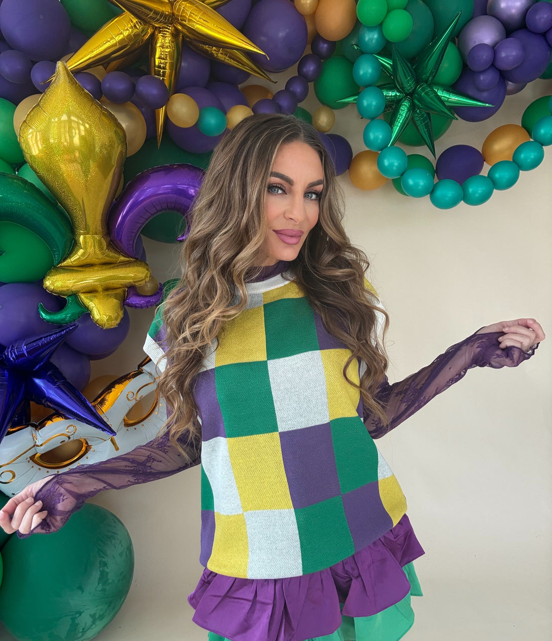 Mardi Gras Checkered Sleeveless Sweater Top-Short Sleeves-Bibi-Shop with Bloom West Boutique, Women's Fashion Boutique, Located in Houma, Louisiana