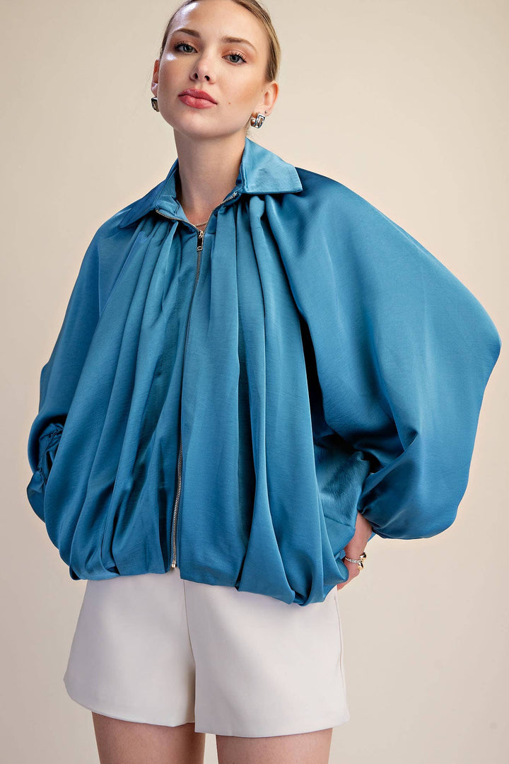 Balloon Pleated Detail Bomber Jacket-Glam-Shop with Bloom West Boutique, Women&