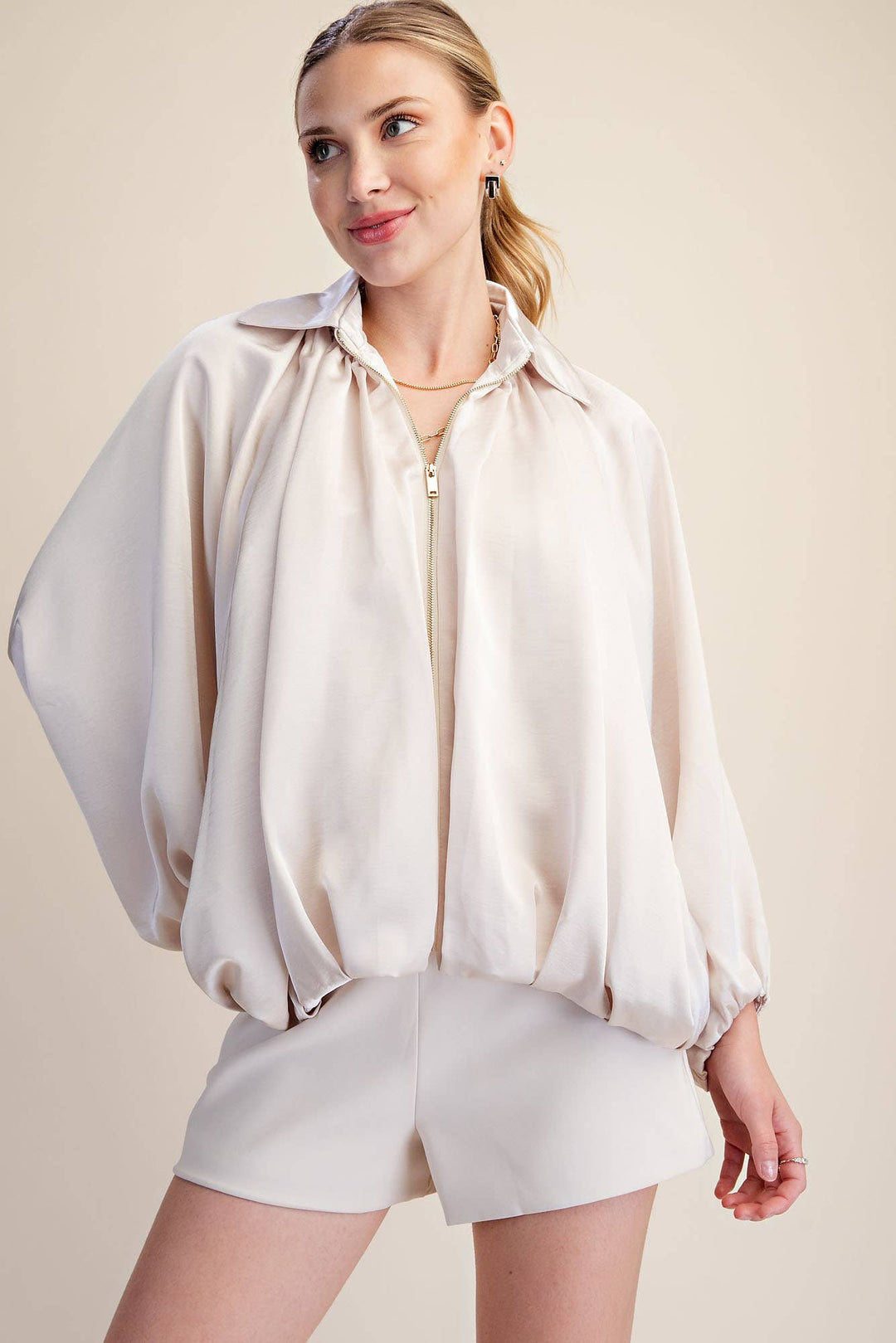 Balloon Pleated Detail Bomber Jacket-Glam-Shop with Bloom West Boutique, Women&