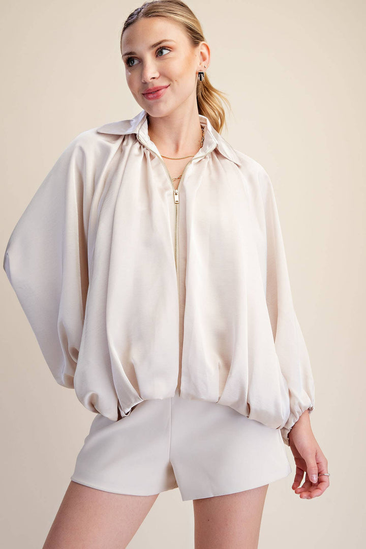 Balloon Pleated Detail Bomber Jacket-Glam-Shop with Bloom West Boutique, Women&