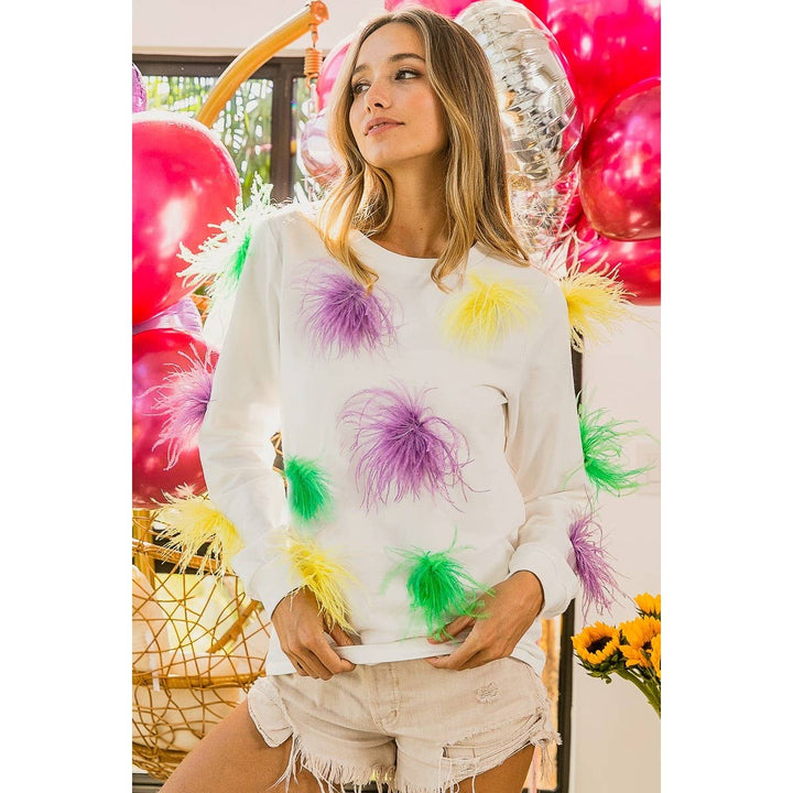 MARDI GRAS FAUX FEATHER TRIM TOP-BiBi-Shop with Bloom West Boutique, Women&
