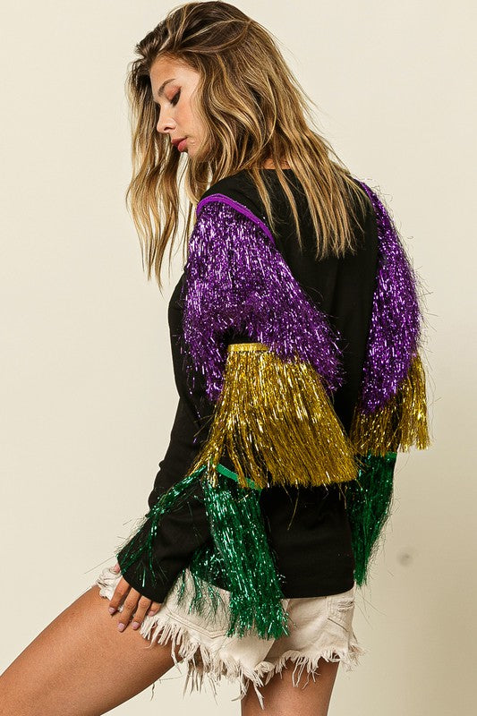 Tiered Tinsel Fringe Mardi Gras Top-Long Sleeves-Bibi-Shop with Bloom West Boutique, Women's Fashion Boutique, Located in Houma, Louisiana