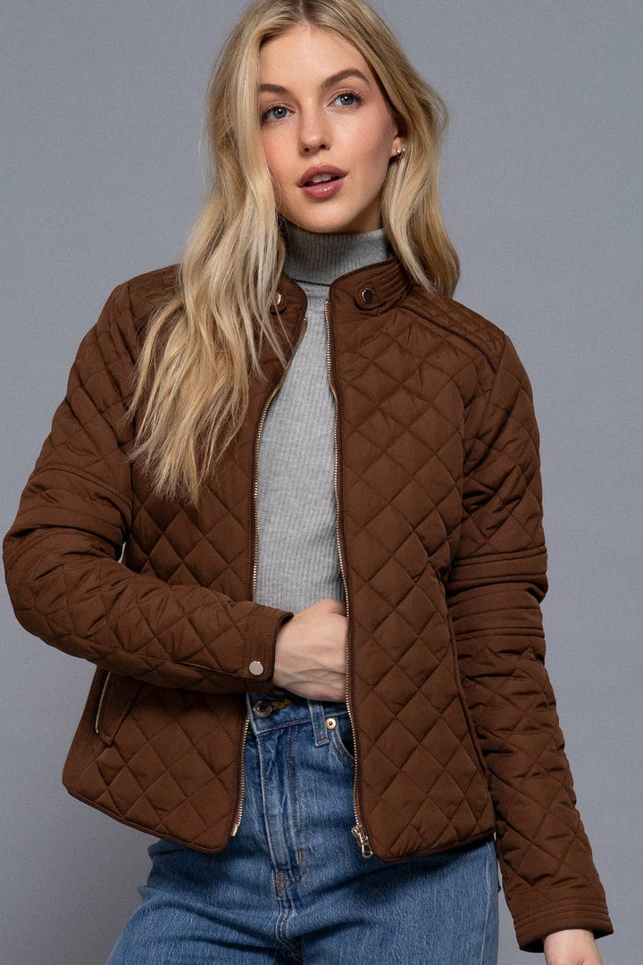 Suede Piping Detail Rib Quilted Padding Jacket : OLV-olive oil / L-Active Basic | Active USA-Shop with Bloom West Boutique, Women's Fashion Boutique, Located in Houma, Louisiana