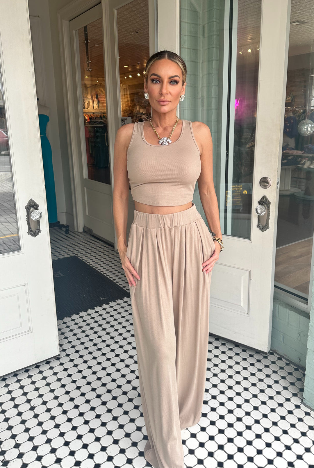 Lyla Ribbed Taupe Top And Pants Set-Outfits-Pretty Bash-Shop with Bloom West Boutique, Women's Fashion Boutique, Located in Houma, Louisiana